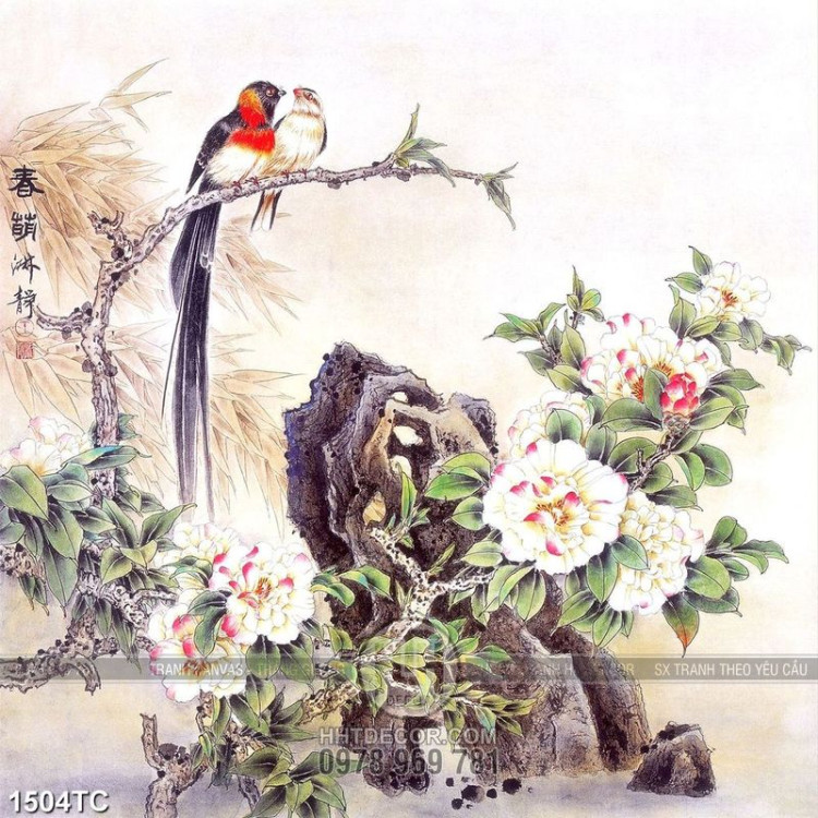 Tranh hoa mẫu đơn và đôi chim uyên ương