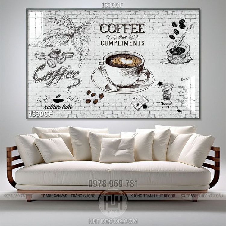 Tranh cà phê in canvas những bức họa đơn sắc và bức tường gạch 