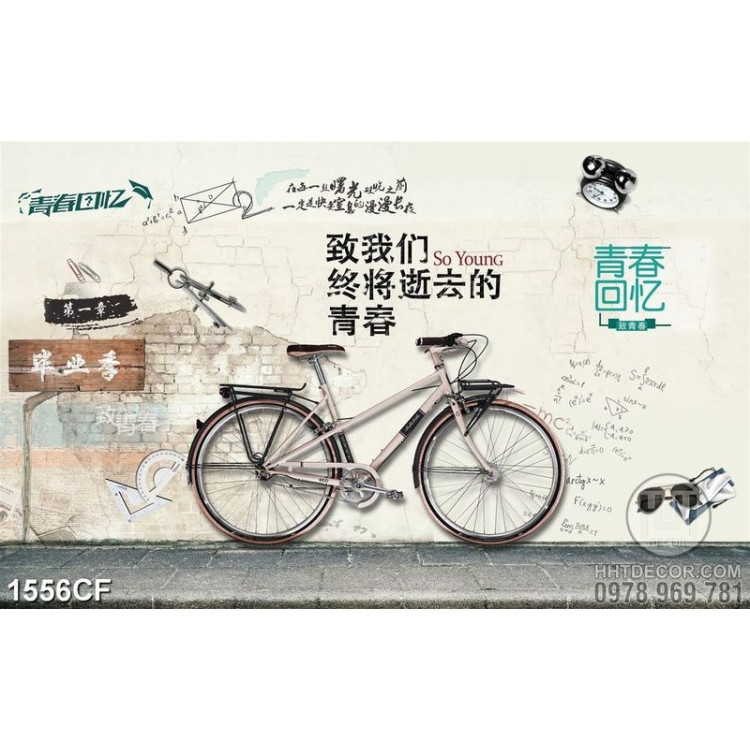 Tranh cà phê trang trí chiếc xe đạp màu trắng bên bức tường cổ