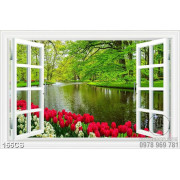 Tranh vườn hoa tulip bên ô cửa nhìn ra hồ nước đẹp in kính