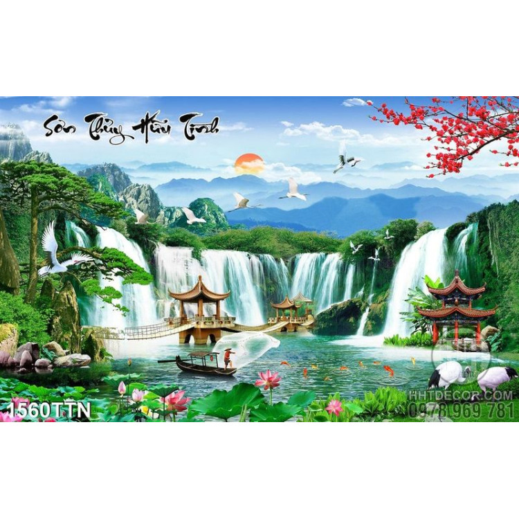 Tranh thác phong thủy mùa xuân in 3D