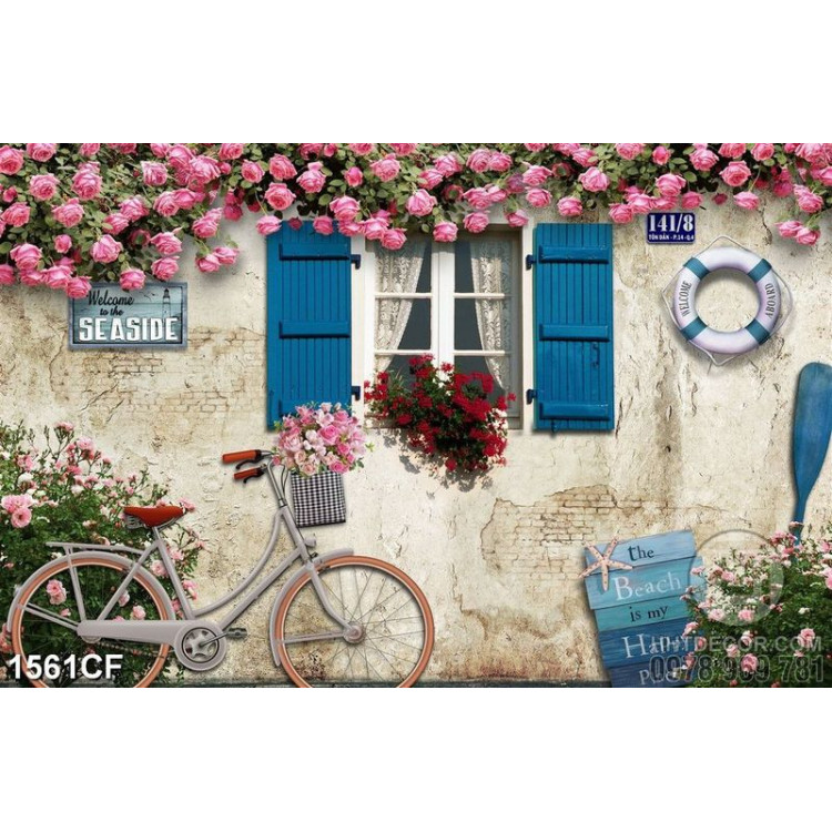 Tranh cà phê dán tường dàn hồng nhung và chiếc xe đạp màu trắng