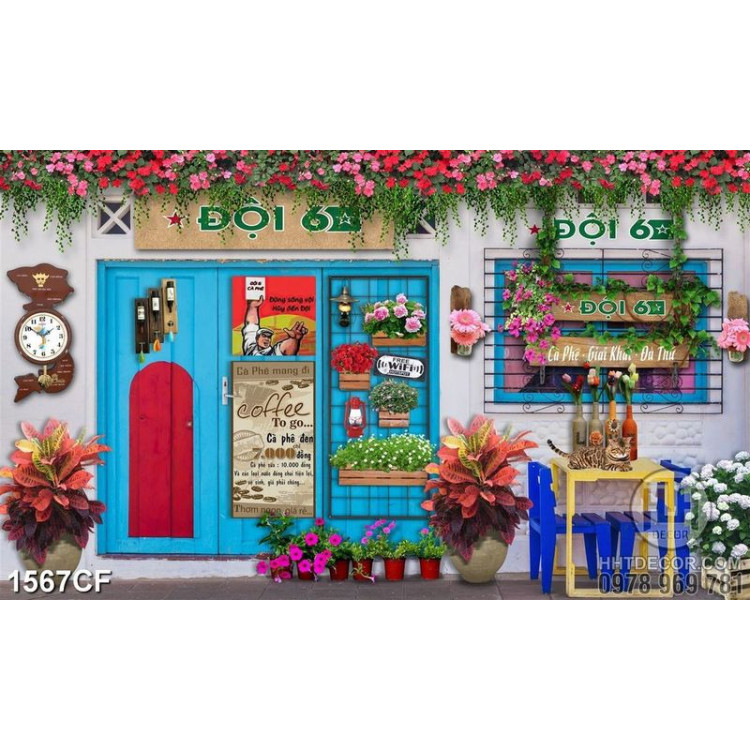 Tranh cà phê in uv dàn hoa nhí khoe sắc trên những cánh cửa xanh