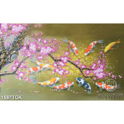 Tranh gốc cây đào nở trên đàn cá koi sơn dầu in canvas