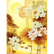 Tranh decor đầm hoa sen sơn dầu bên ánh trăng dáp vàng
