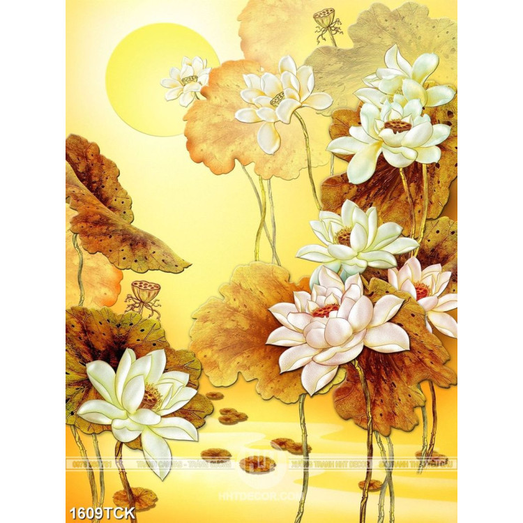 Tranh decor đầm hoa sen sơn dầu bên ánh trăng dáp vàng