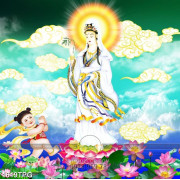 Tranh Phật Quan Âm và tiên đồng trên trời