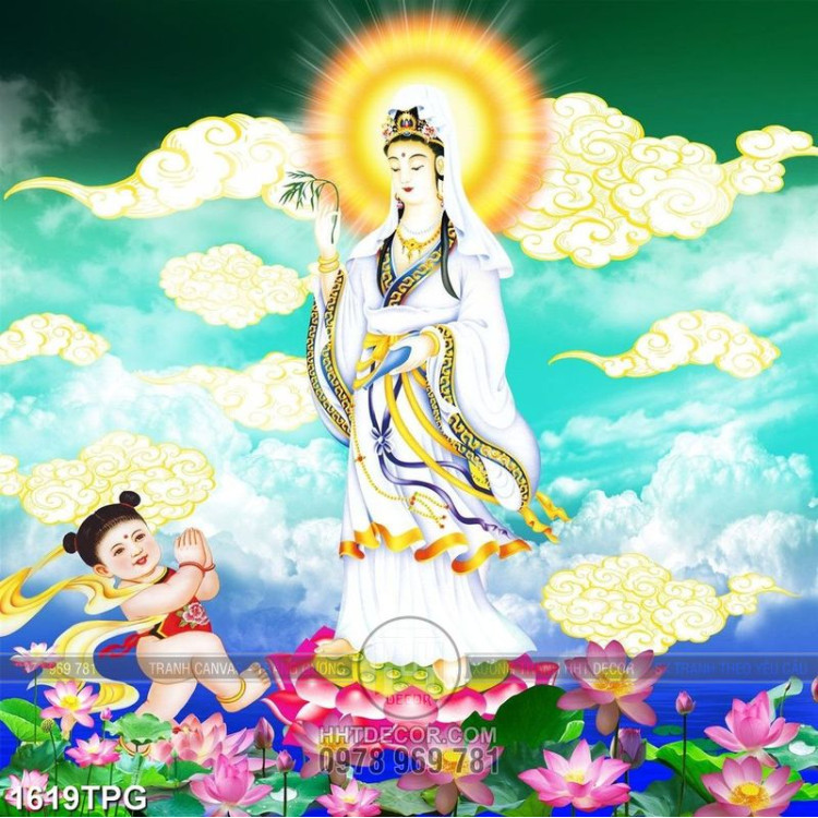 Tranh Phật Quan Âm và tiên đồng trên trời