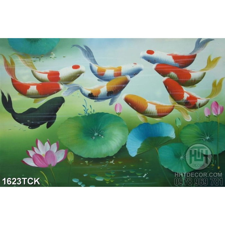 Tranh sơn dầu cá koi và hồ sen đầy lá xanh in canvas