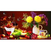 Tranh in bếp bình hoa tươi trên bàn đầy trái cây tươi