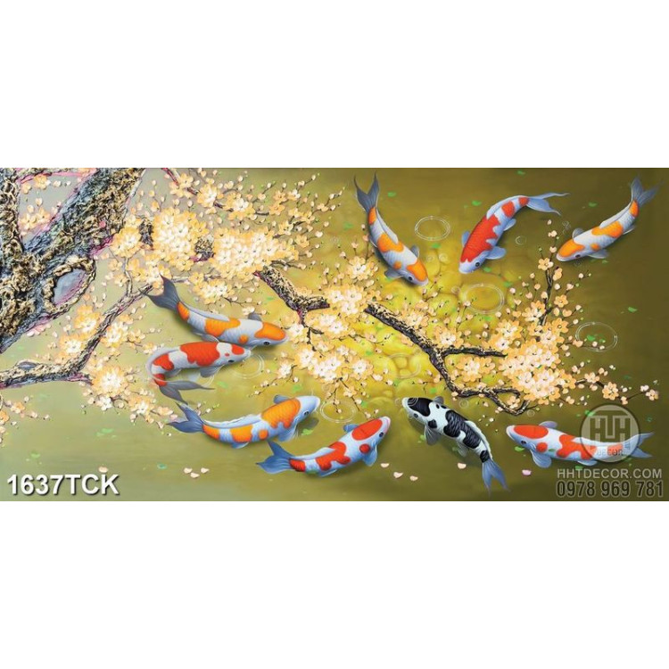 Tranh décor hoa mai nở rộ trên mặt hồ cá koi sơn dầu