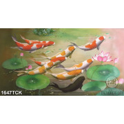 Tranh sơn dầu cá koi tung tăng trong hồ sen trang trí