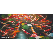 Tranh decor sơn dầu cá koi dày đặc trong hồ hoa sen