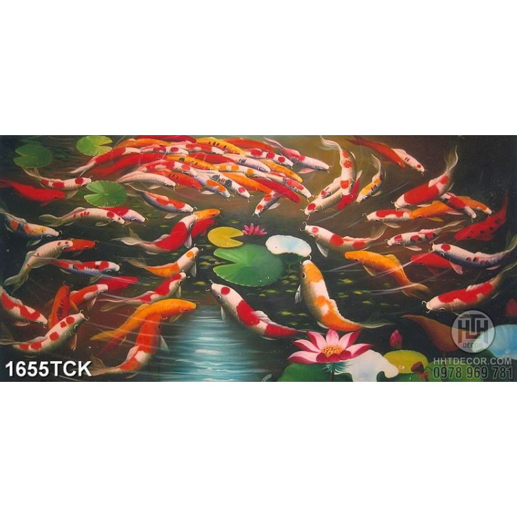 Tranh decor sơn dầu cá koi dày đặc trong hồ hoa sen
