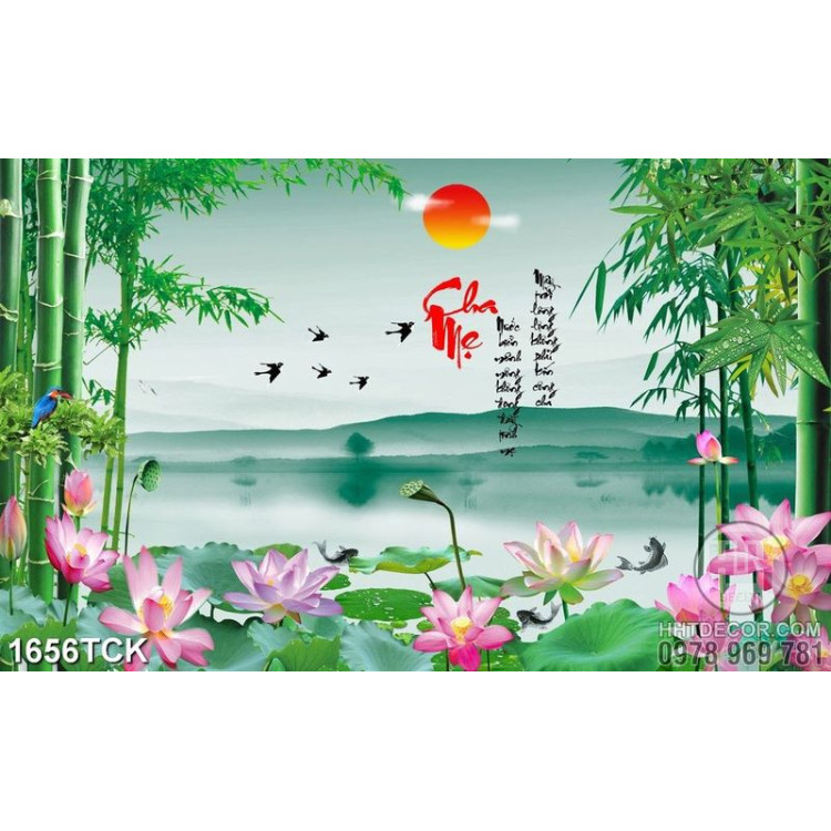 Tranh trang trí đàn chim én bay trên mặt hồ hoa sen