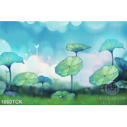Tranh sơn dầu hồ hoa sen đầy lá xanh bên bãi cỏ xanh 3d