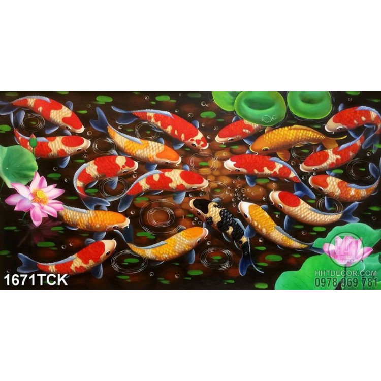 Tranh in treo tường hồ hoa sen và đàn cá koi sơn dầu