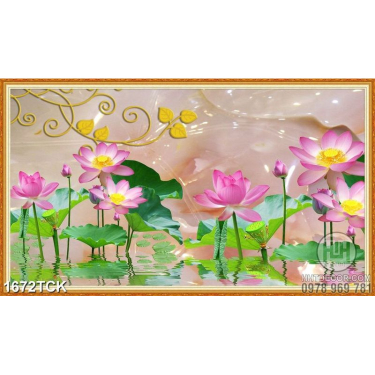 Tranh hoa sen hồng trong hồ giả ngọc in dán tường