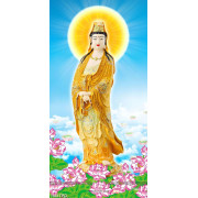 Tranh tượng Phật Bà Quan Âm và hoa Sen in kính 