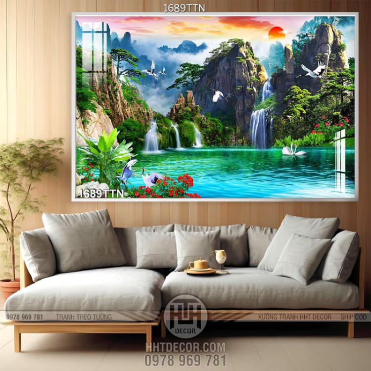 Tranh decor thác nước phong thủy in 3D