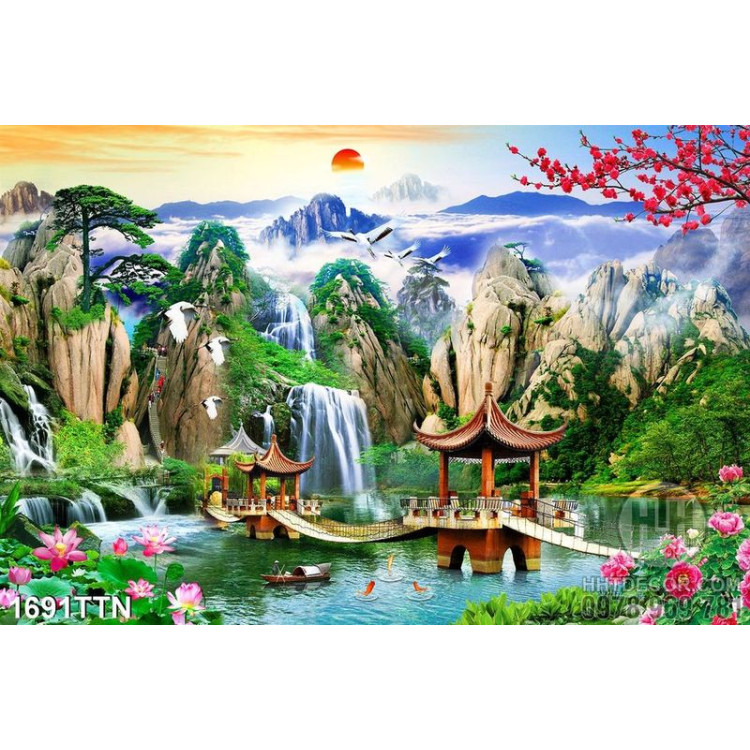 Tranh psd thác nước phong thủy wall decor