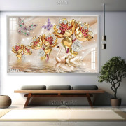 Tranh lụa 3D chim thiên nga và hoa vàng
