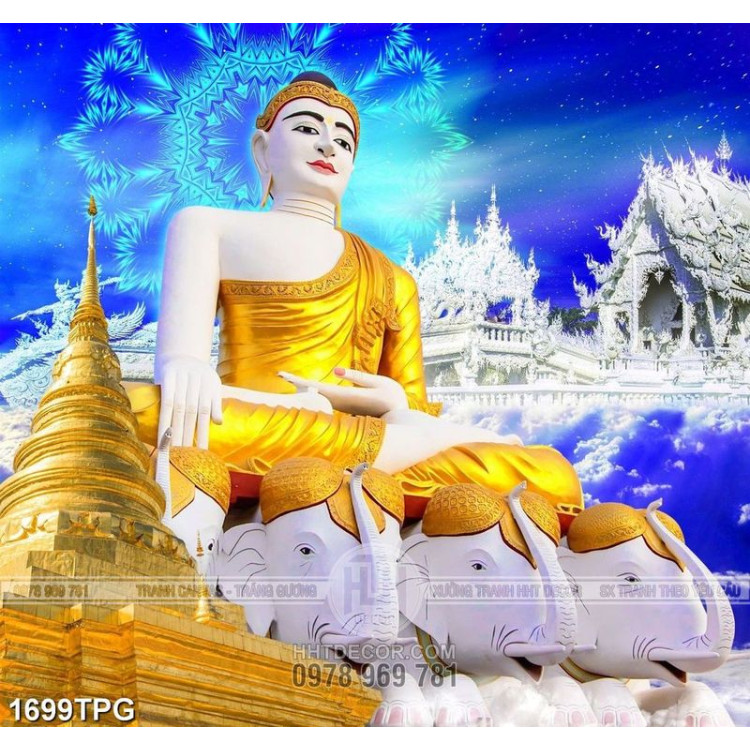 Tranh chùa dát vàng và tượng Phật A Di Đà