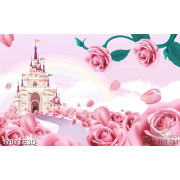 Tranh 3D hoa hồng và lâu đài dán tường đẹp