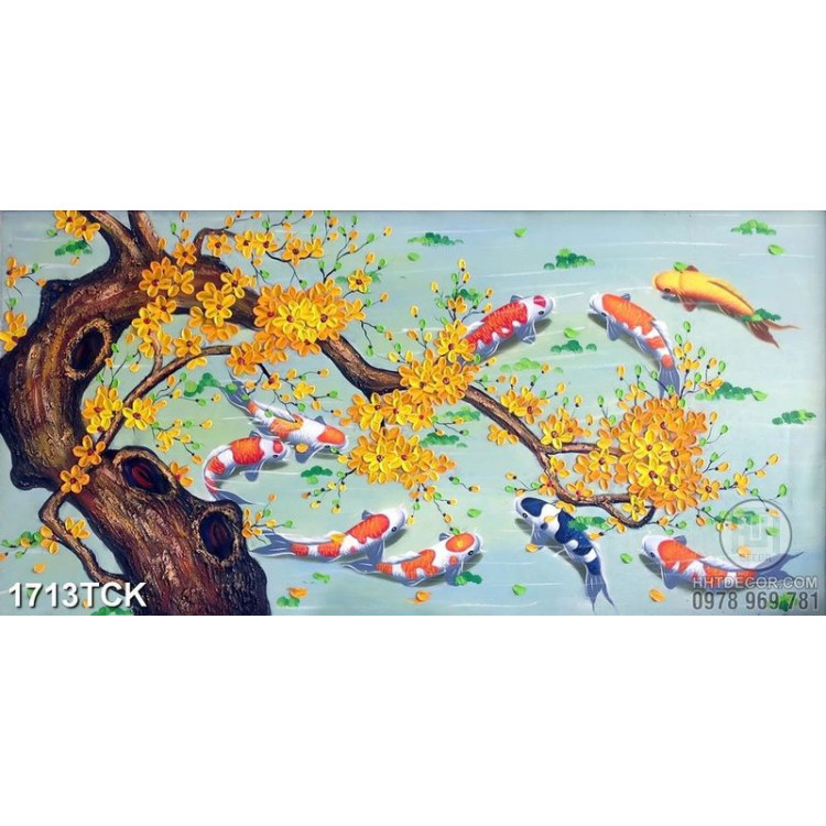 Tranh in canvas gốc cây mai vàng trên hồ cá koi sơn dầu