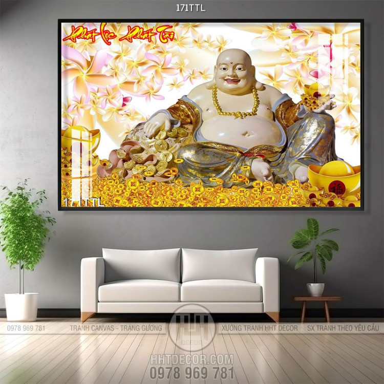 Tranh tượng Phật Di Lặc và tiền vàng nghệ thuật psd