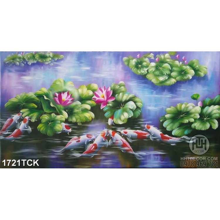 Tranh nghệ thuật sơn dầu cá koi trong hồ đầy hoa sen