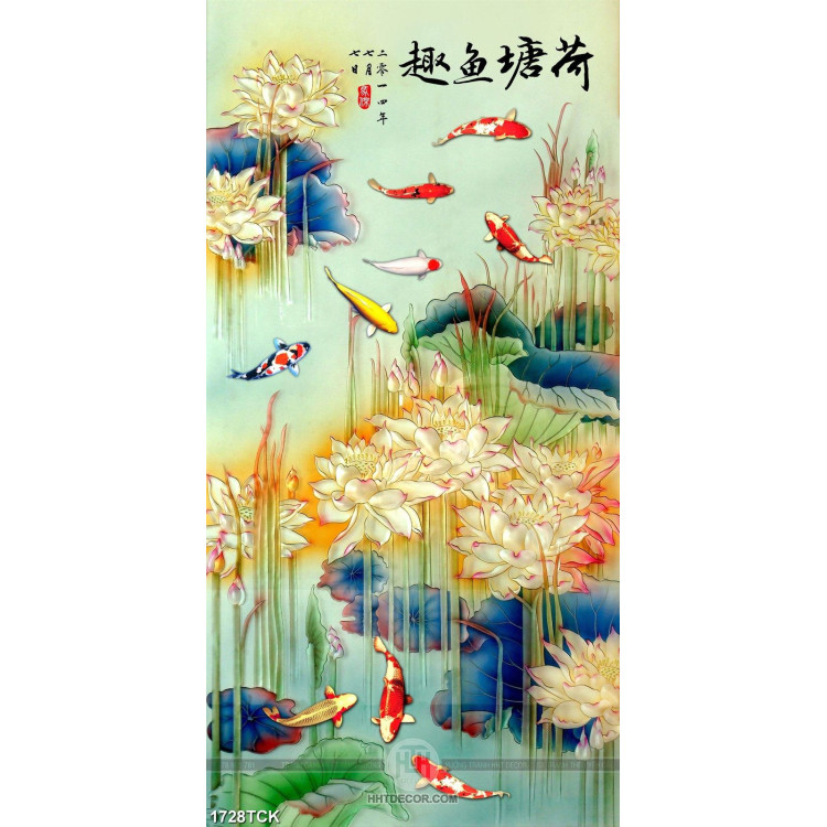 Tranh trang trí cá chép vàng trong hồ hoa sen sơn dầu