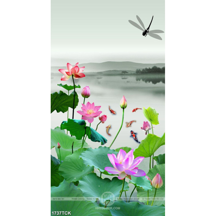Tranh trang trí chú chuồn chuồn bay trên hồ hoa sen