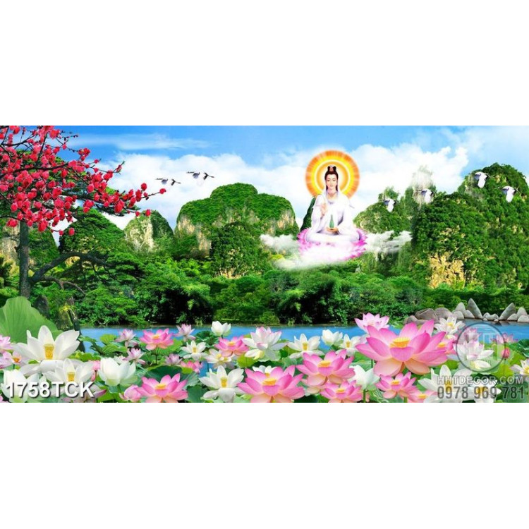 Tranh Phật Quan Âm trên hồ sen đầy hoa in canvas