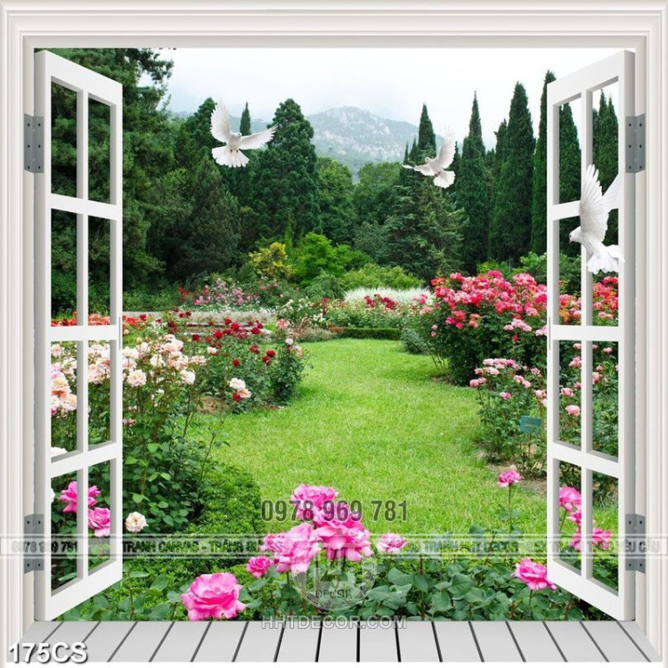 Tranh cửa sổ và vườn hoa hồng nở rộ file gốc