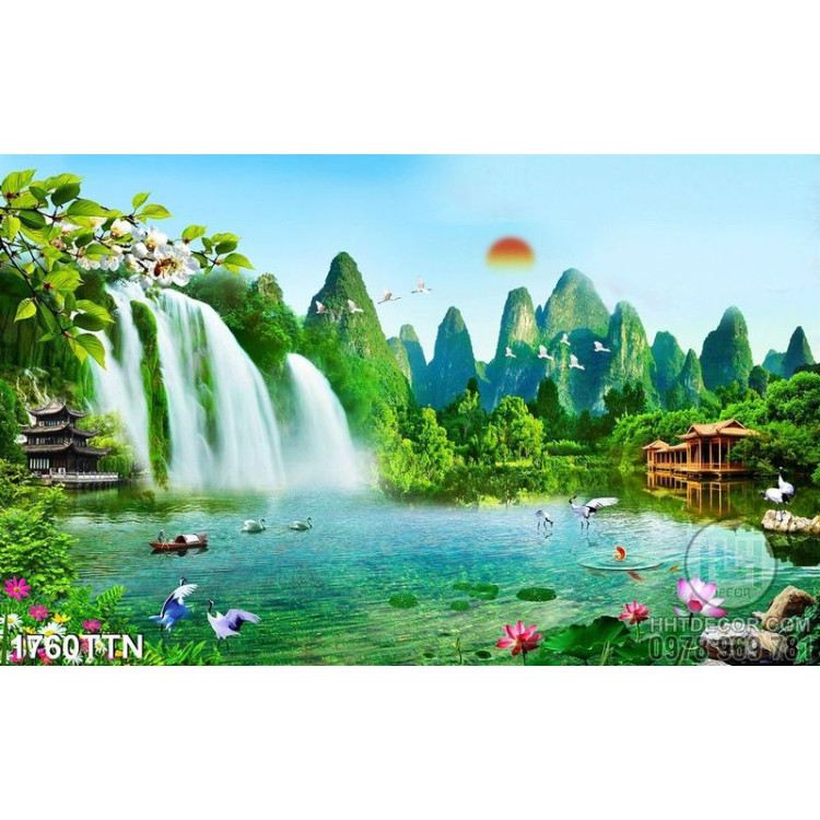 Tranh in 3D thác nước phong thủy hữu tình