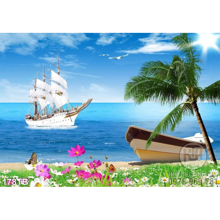 Tranh thuận buồm xuôi gió biển yên tĩnh và con thuyền trên bãi cát