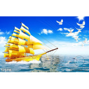 Tranh thuận buồm xuôi gió đàn bồ câu trắng và con thuyền vàng
