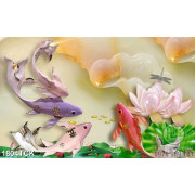 Tranh in 3d cá chép sơn dầu trong hồ hoa sen giả ngọc