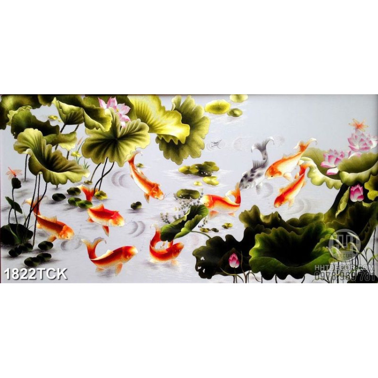 Tranh sơn dầu cá chép vàng dưới dòng nước trong in 3d