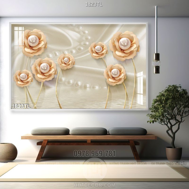 Tranh hoa hồng ngọc trai trang trí  phòng khách
