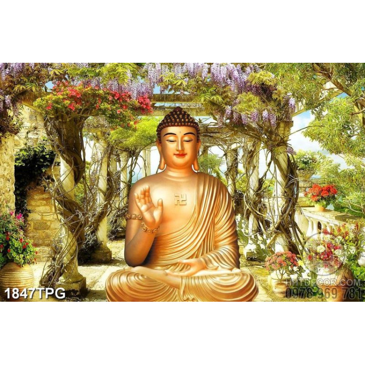 Tranh Phật A Di Đà nền phong cảnh đẹp