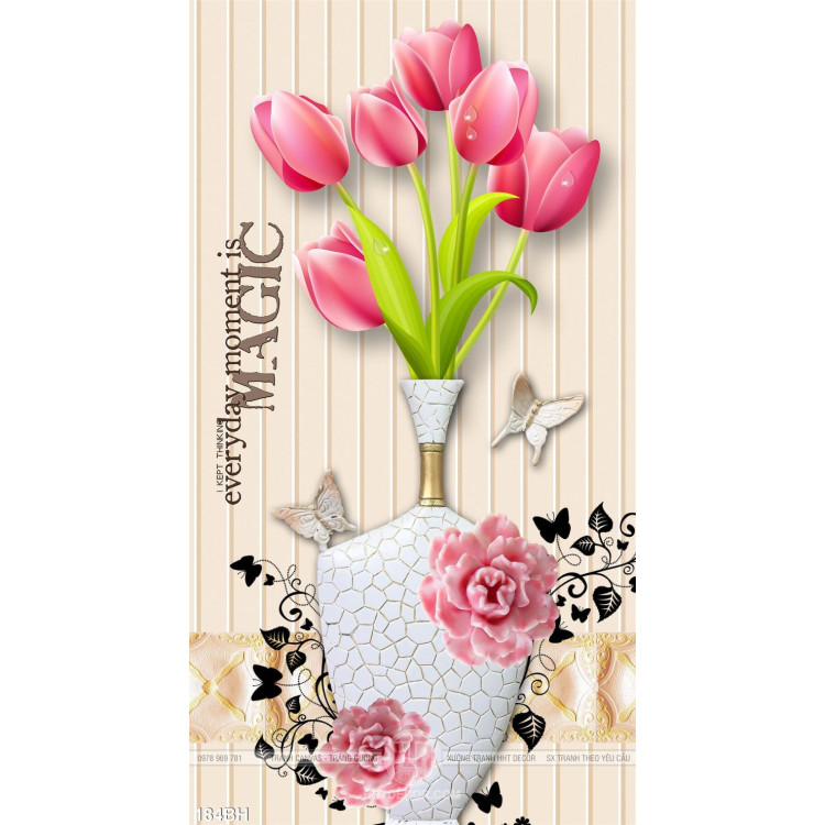 Tranh chậu hoa gốm sứ trắng và hoa tulip