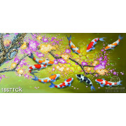 Tranh trang trí những cánh đào rơi trên hồ cá koi sơn dầu
