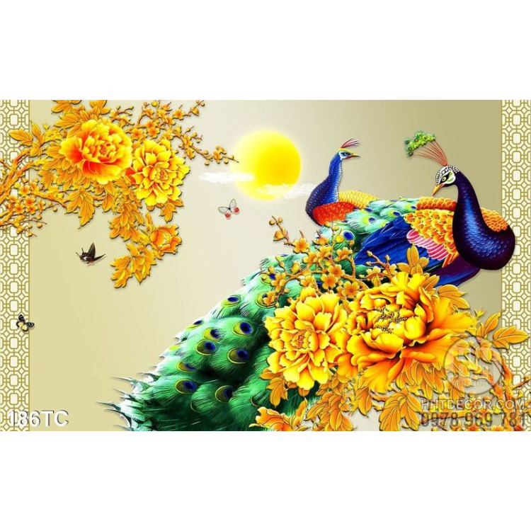 Tranh chim công và hoa mẫu đơn mạ vàng đẹp 3d psd