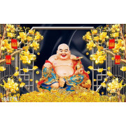 Tranh in 3D Phật Di Lặc và tiền vàng đẹp