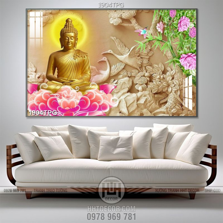 Tranh Phật mạ vàng nền phù điêu đá đẹp
