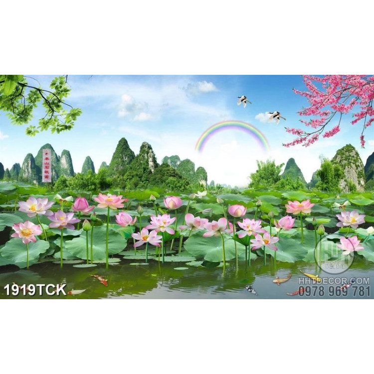 Tranh in 3d những bông sen hồng nở rộ trên mặt hồ