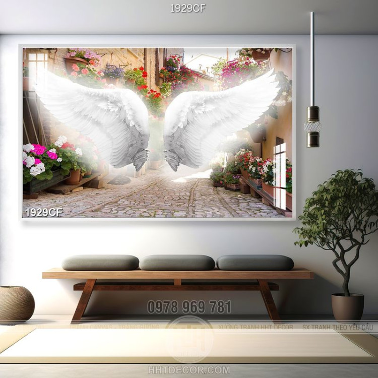 Tranh trang trí quán coffee đôi cánh thiên thần đẹp 