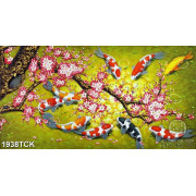 Tranh decor hồ cá koi sơn dầu dưới cành hoa đào nở rộ